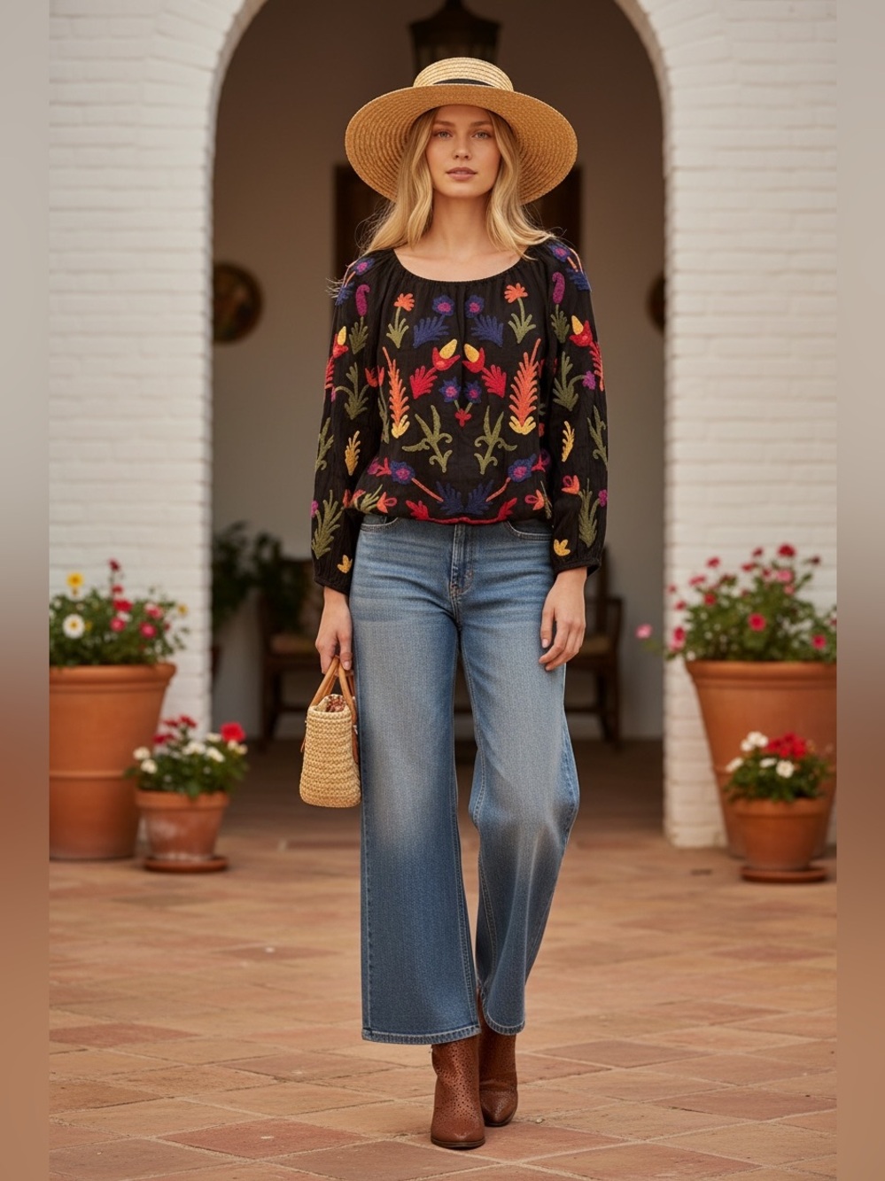 Laurie Felt Black Embroidered Floral Peasant Blouse